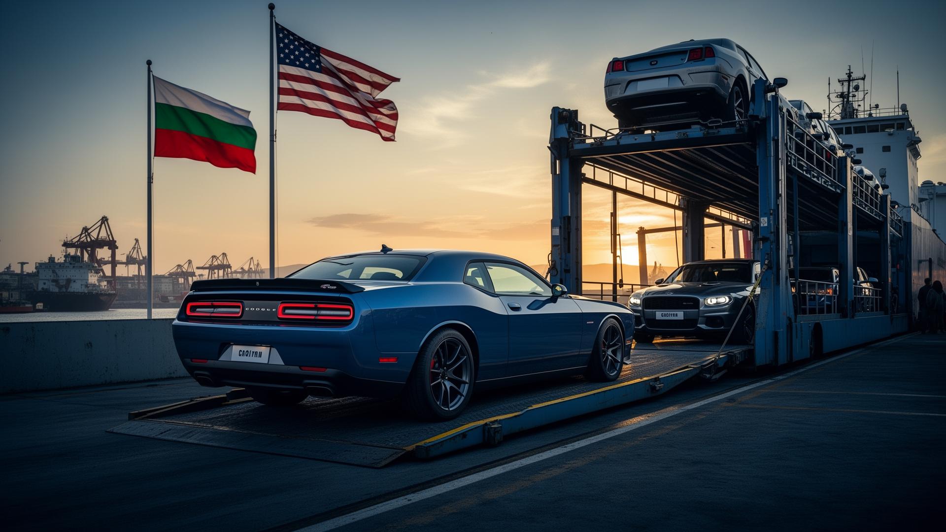 American car being unloaded at a Bulgarian port